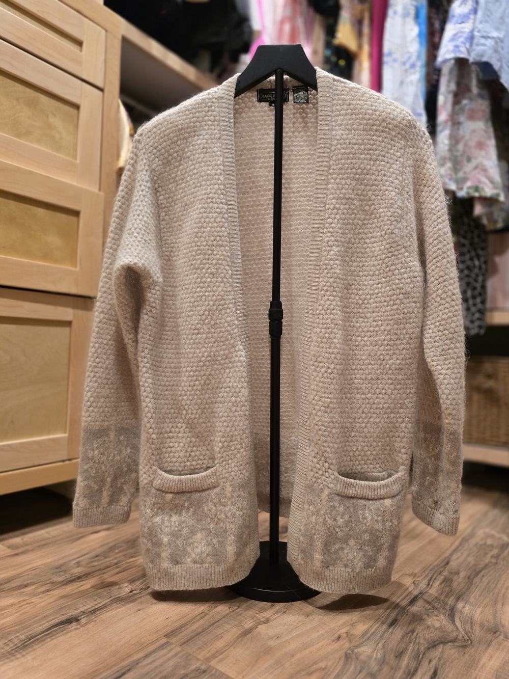 JEANNE PIERRE Neutral Cream Open-Front Textured Cardigan 58%lambswool